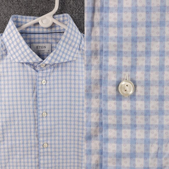 Eton 17.5 Poplin Contemporary Check Geometric Cotton Blue Convertible Cuff Men - Picture 1 of 16